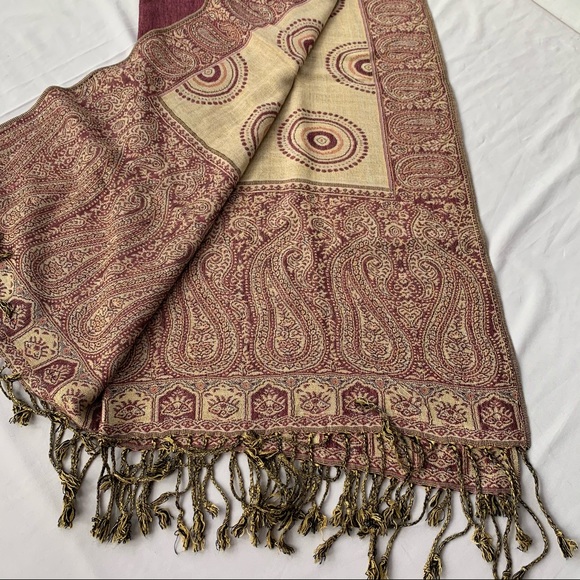 Pashmina Cashmere Silk Tan Burgundy Scarf - Picture 2 of 5